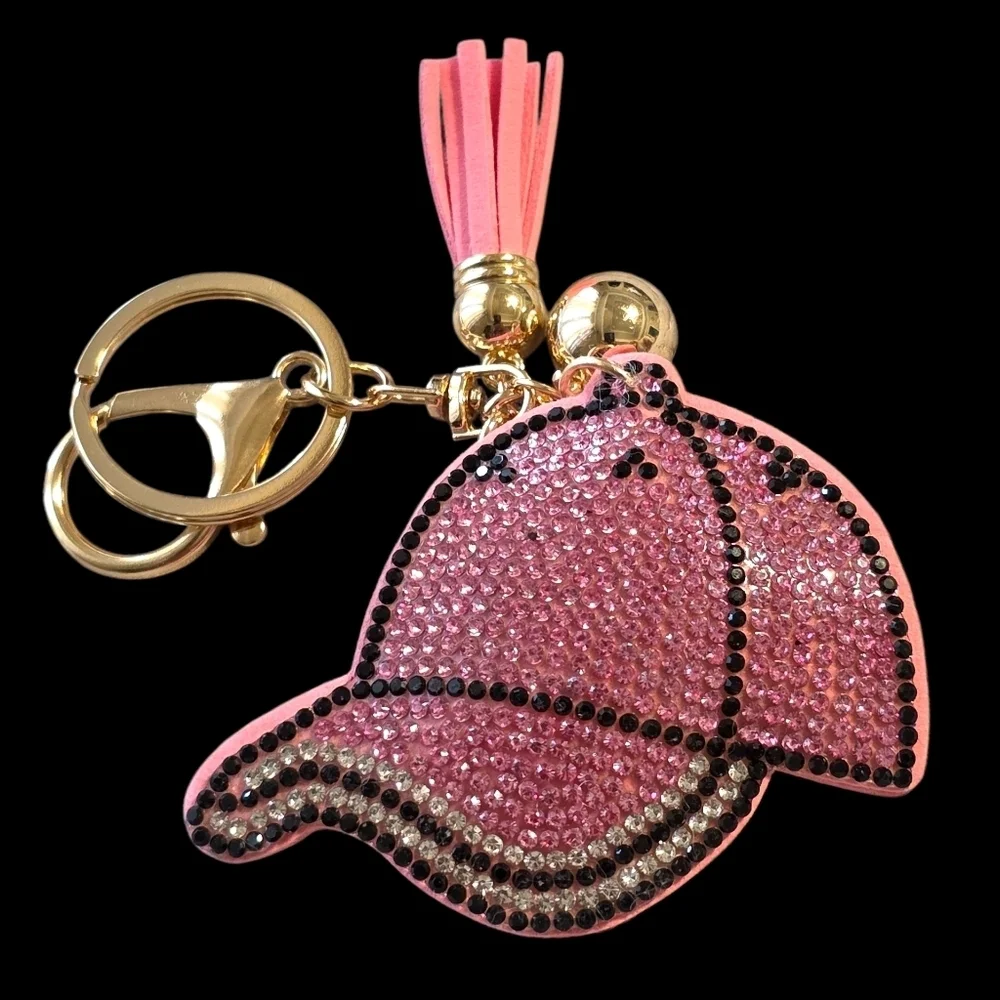 Pink Rhinestone Baseball Cap Bag Charm Keychain